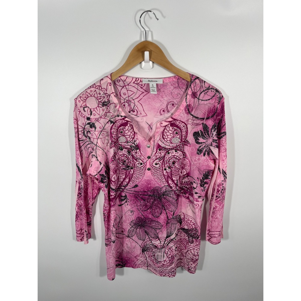 Y2K Graphic Top Womens XL Pink Studded Embellished Floral Festival Concert